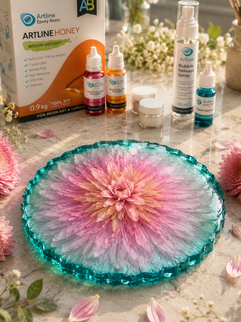 Finished 3D bloom flower coaster made with Artline epoxy resin — top view showing petal detail