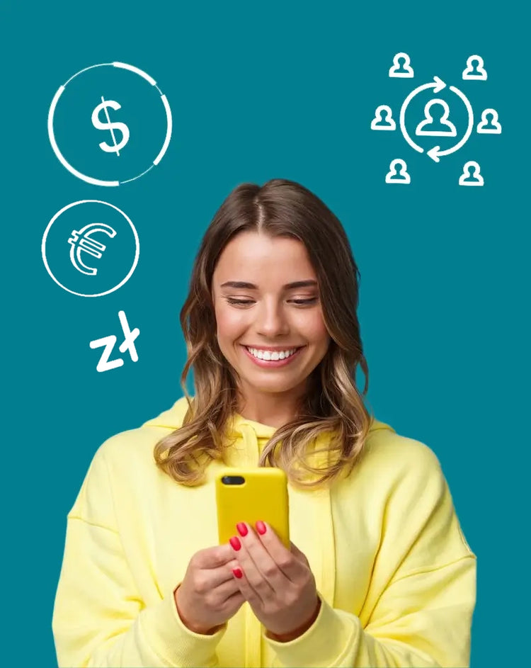 Femme souriante en jaune regardant son téléphone jaune vif, enthousiaste de son succès avec le programme d'affiliation Artline époxy