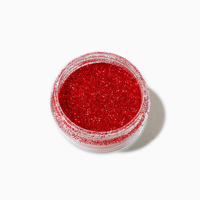 Jar of 0.5 mm red polyester glitter for epoxy resin crafts and DIY projects