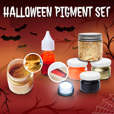 Artline Halloween Pigment Set with gold, black, orange pigment pastes, gilding flakes, metallic powder, red liquid colorant, and white glow powder for resin art crafting.