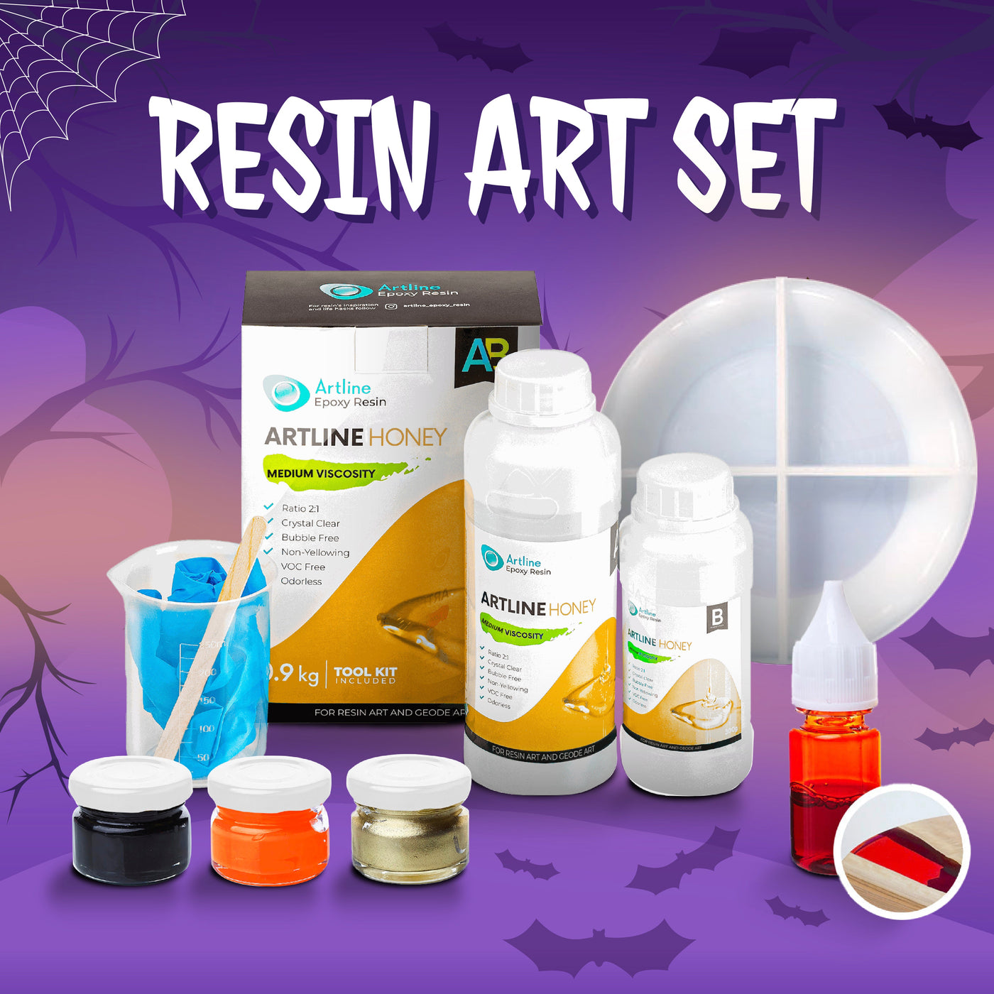 Artline Halloween Wave Plate Set resin art kit with medium viscosity epoxy resin, autumn pigment pastes, red liquid colorant, and wave edge silicone mold for Halloween crafts