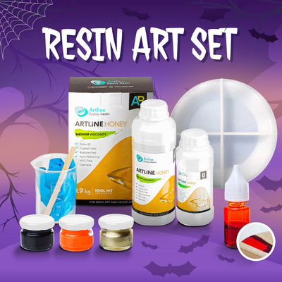 Artline Halloween Wave Plate Set resin art kit with medium viscosity epoxy resin, autumn pigment pastes, red liquid colorant, and wave edge silicone mold for Halloween crafts