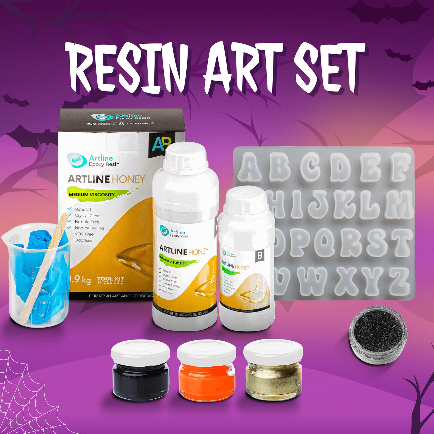 Artline Halloween Resin Letter Set with epoxy resin, pigment pastes, alphabet silicone mold, and black glitter for creative resin crafts