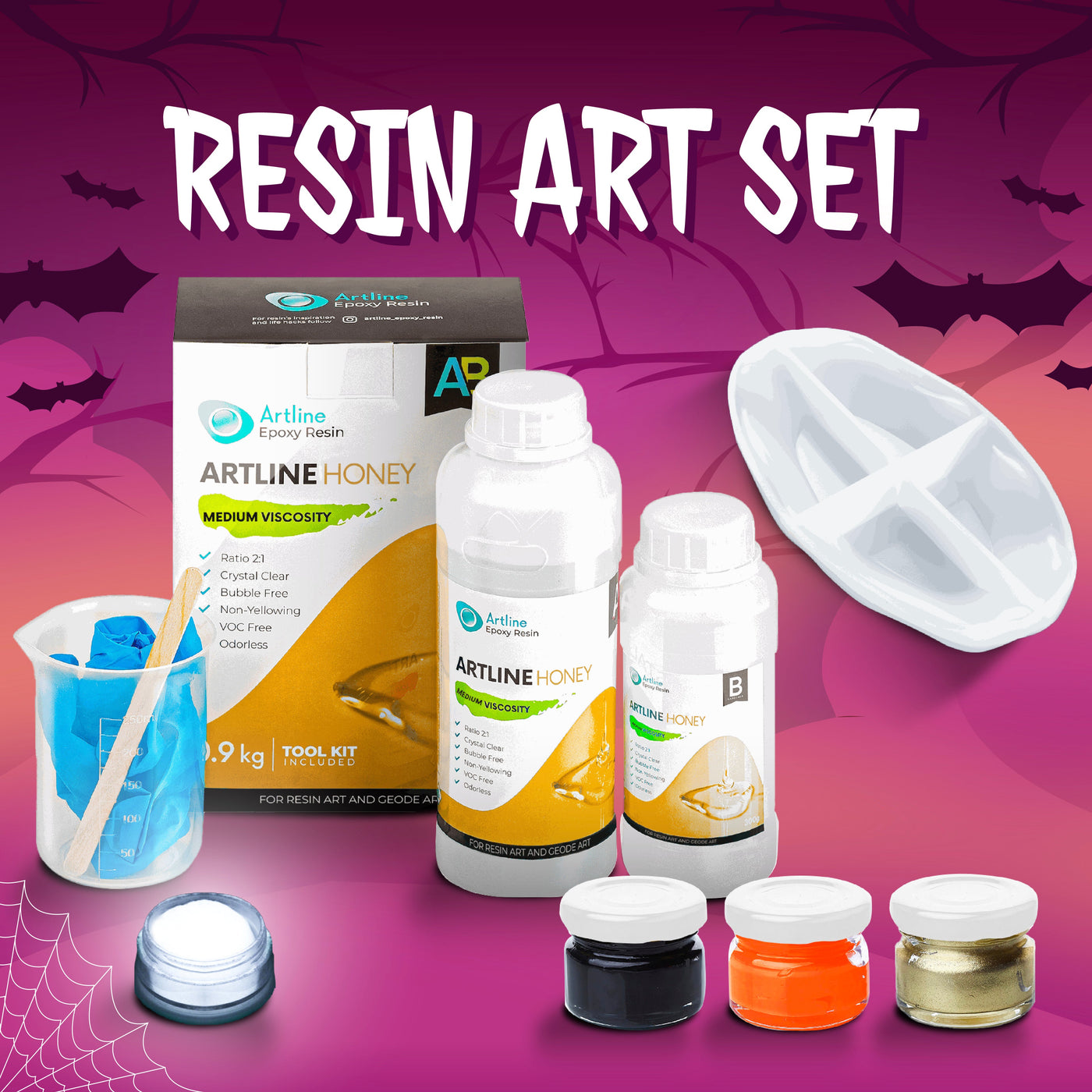 Artline Halloween Glow Plate Set resin art kit with epoxy resin, pigment pastes, luminophore powder, and oval silicone mold for glowing Halloween crafts