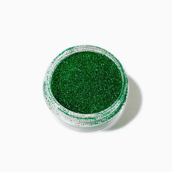 Small jar of green polyester glitter for resin crafts and DIY projects