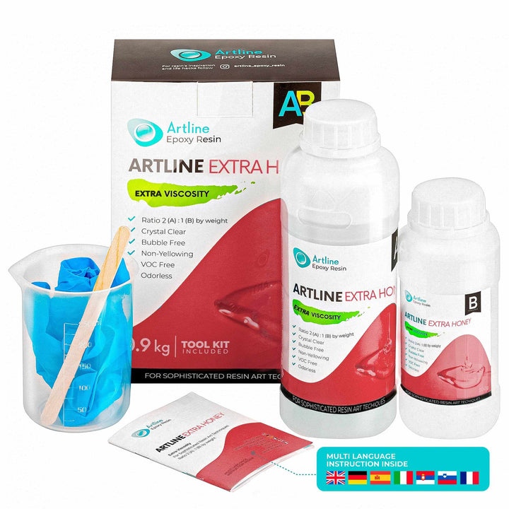 0.9 kg Extra Honey Epoxy Resin Kit with high viscosity, crystal clear finish, and tools for resin art and coating