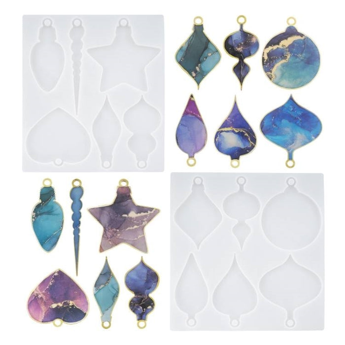 Translucent silicone mold set for Christmas tree ornaments with various shapes, 20.6x17 cm, ideal for resin crafts.