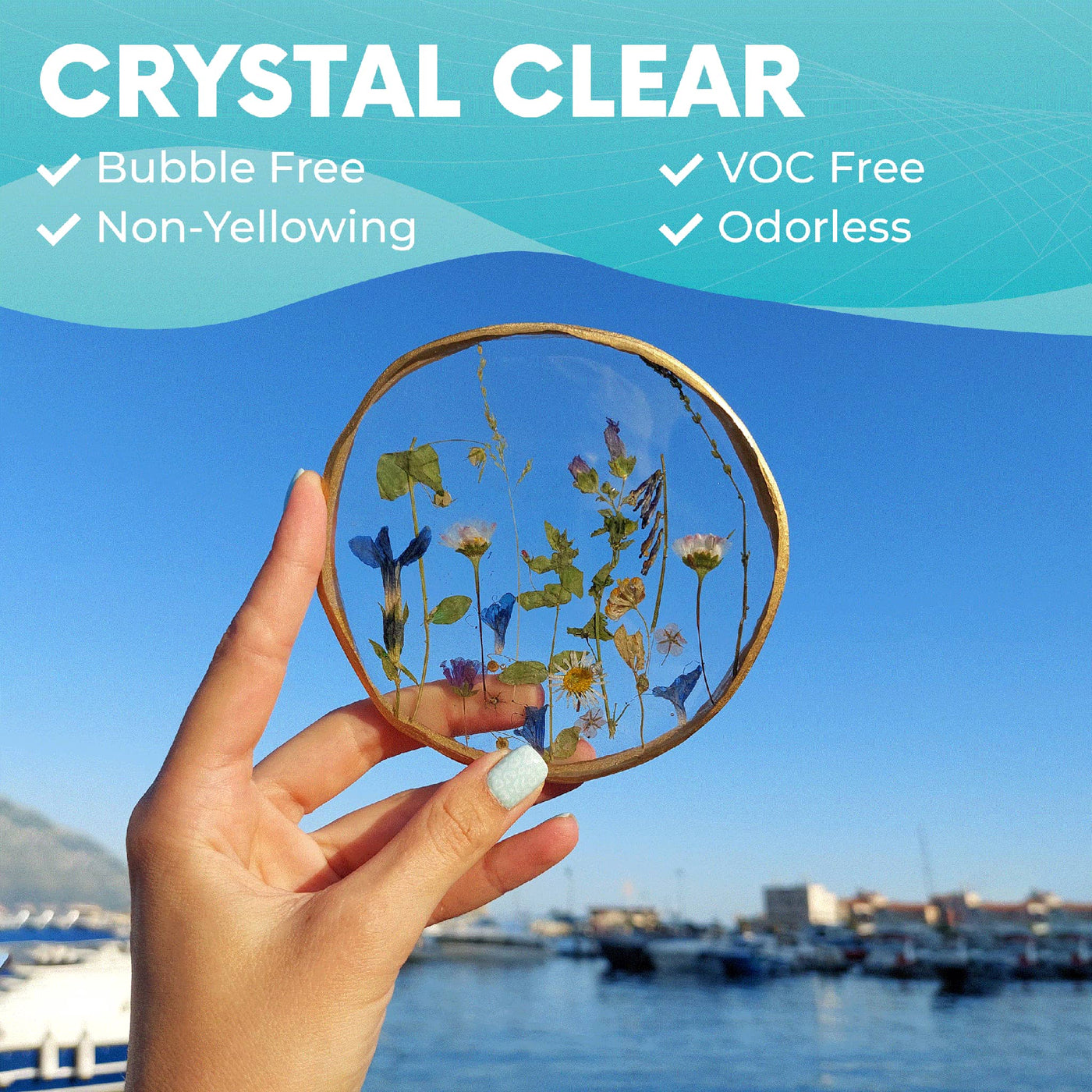 Crystal clear epoxy resin disc with floral design, highlighting bubble-free and non-yellowing features, ideal for crafts.