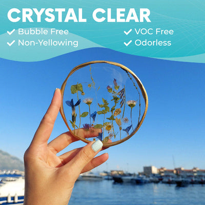 Crystal clear epoxy resin disc with floral design, highlighting bubble-free and non-yellowing features, ideal for crafts.