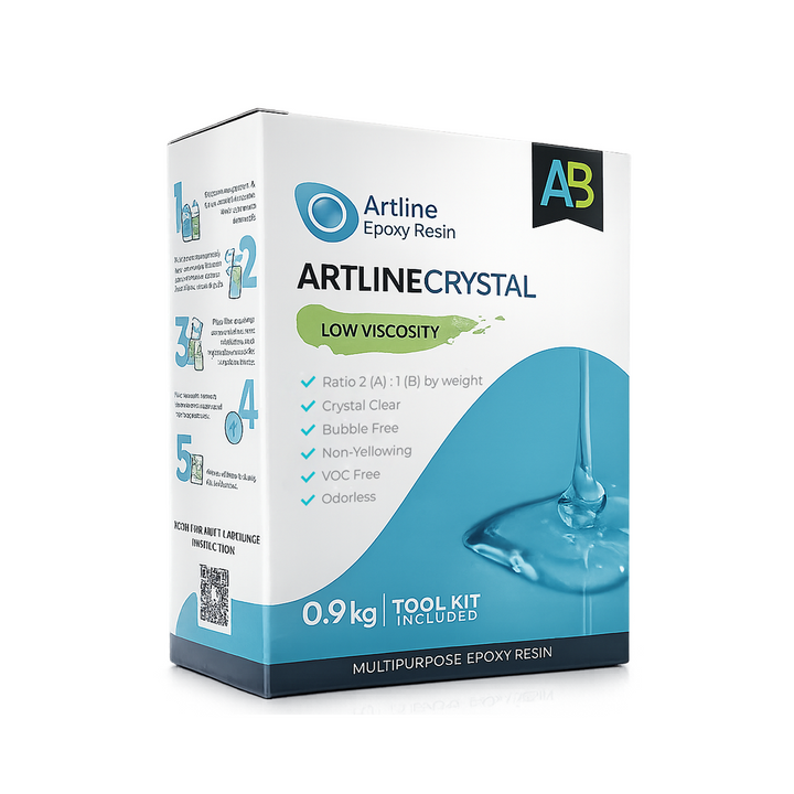 Artline Crystal Epoxy Resin kit with measuring cup, gloves, and mixing sticks for jewelry and wood sealing crafts