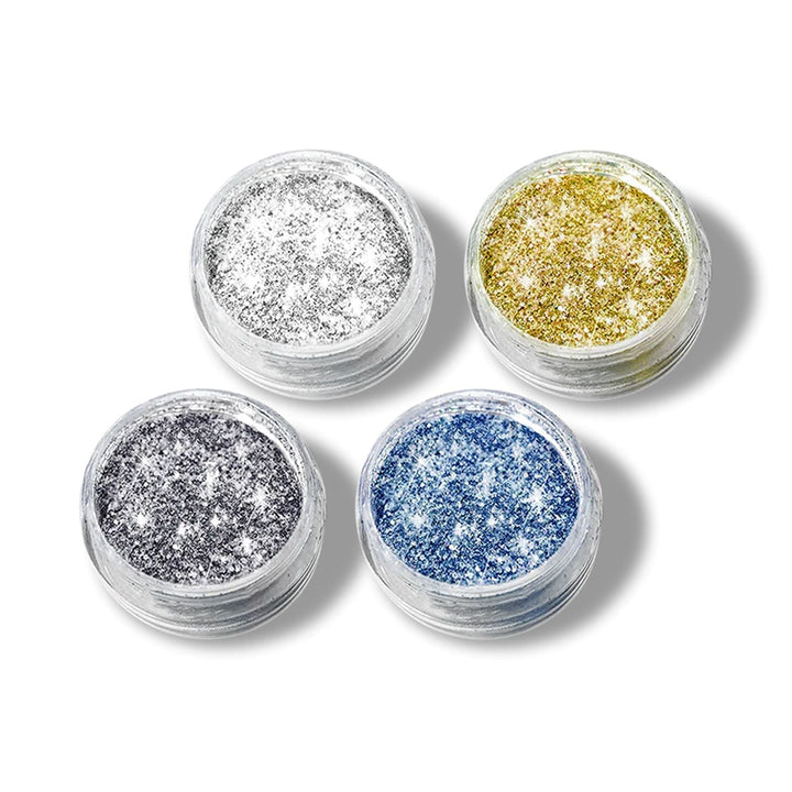 Diamond Glitter Set with 4 ultra-fine glitter jars in silver, gold, black, and blue, 5g each for resin art crafts