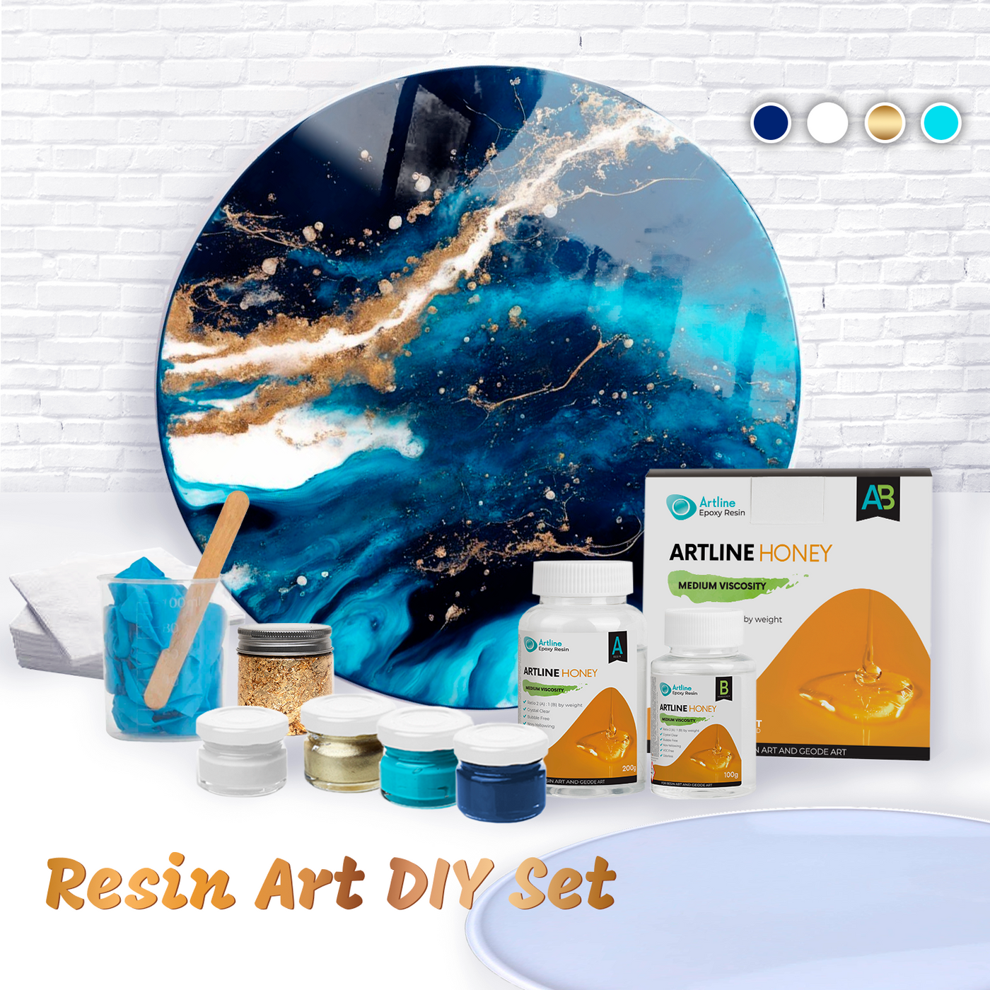 Epoxy resin art kit with large round mold, 40 cm, dark azure design, includes resin, silicone mold, pigment pastes, gilding flakes for crafting.