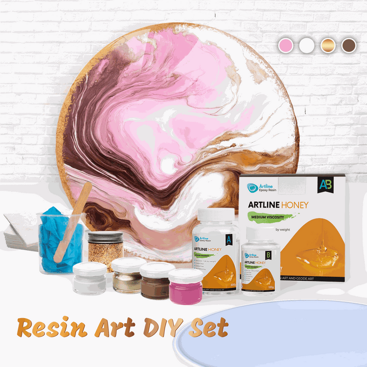 Epoxy Resin Art Kit with honey resin, pigment pastes, gold flakes, and silicone mold for 40 cm round tray crafting