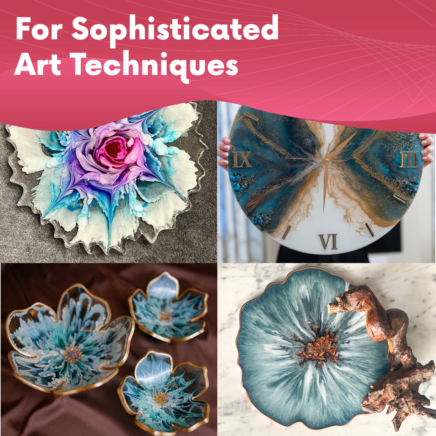 Epoxy resin art pieces showcasing sophisticated techniques, including seascape and floral designs.