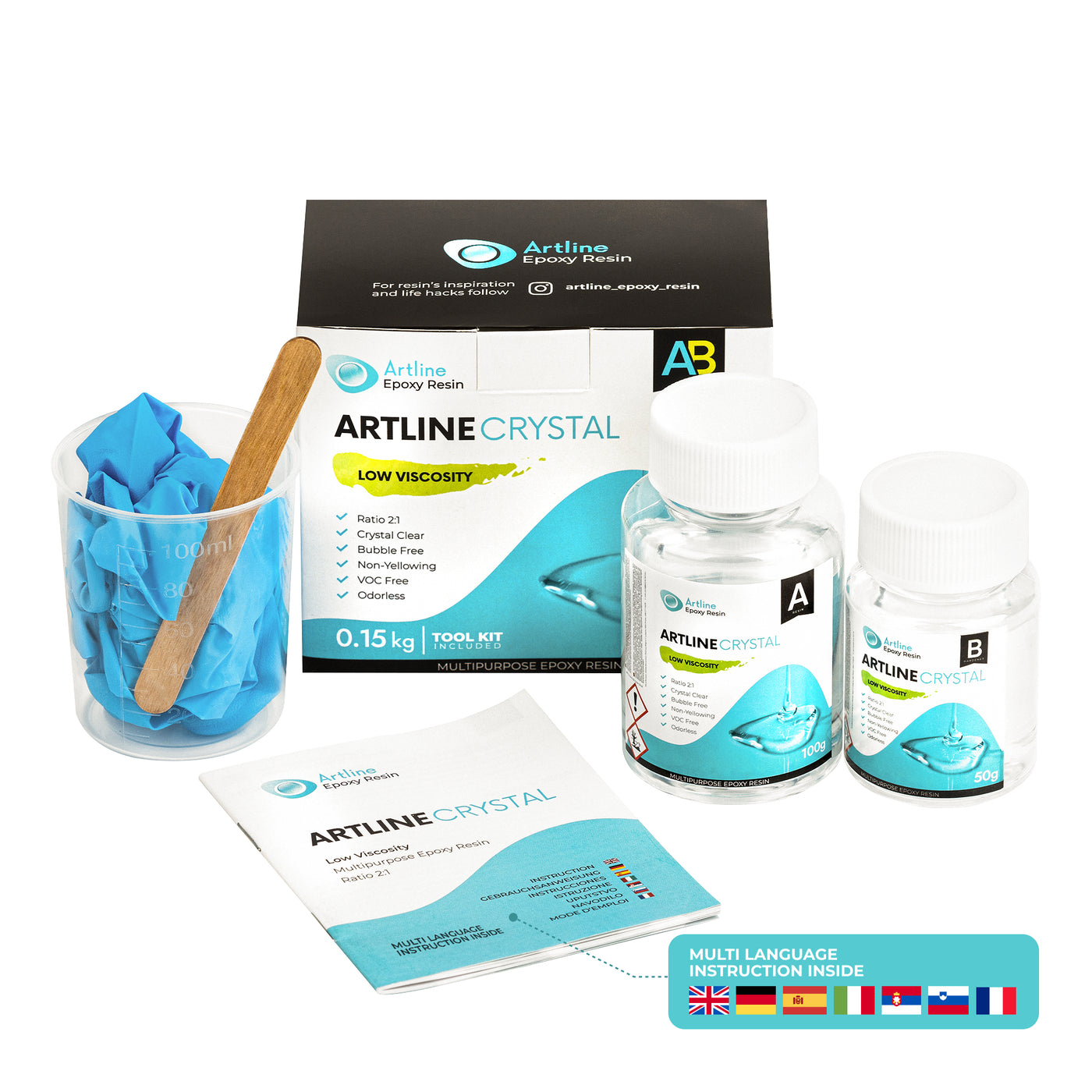 Crystal Epoxy Resin Kit with bottles, mixing cup, gloves, and instructions in multiple languages, 0.15 kg