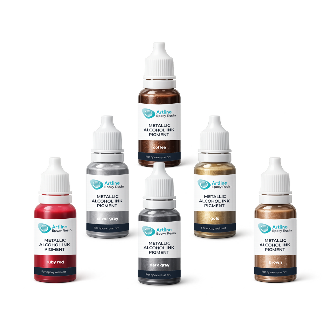 Artline Metallic Alcohol Ink Pigment bottle 10ml with shiny metallic ink splash background