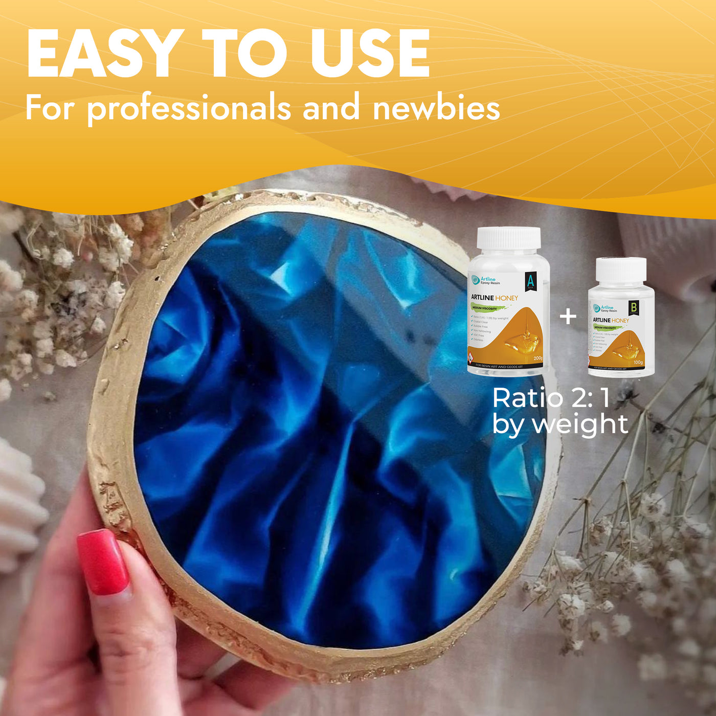 40 kg - Honey Epoxy Resin kit for crafting and jewelry with easy mixing instructions.