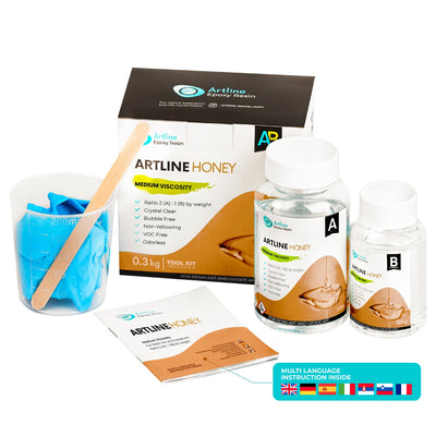 Medium viscosity Artline Honey Epoxy Resin and hardener Kit for Resin Art, includes tools and instructions, 0.3 kg