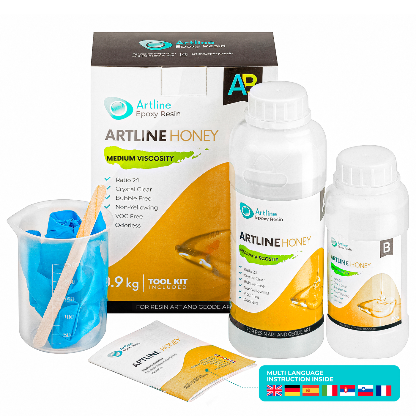 Medium viscosity Artline Honey Epoxy Resin and hardener Kit for Resin Art, includes tools and instructions, 0.9 kg