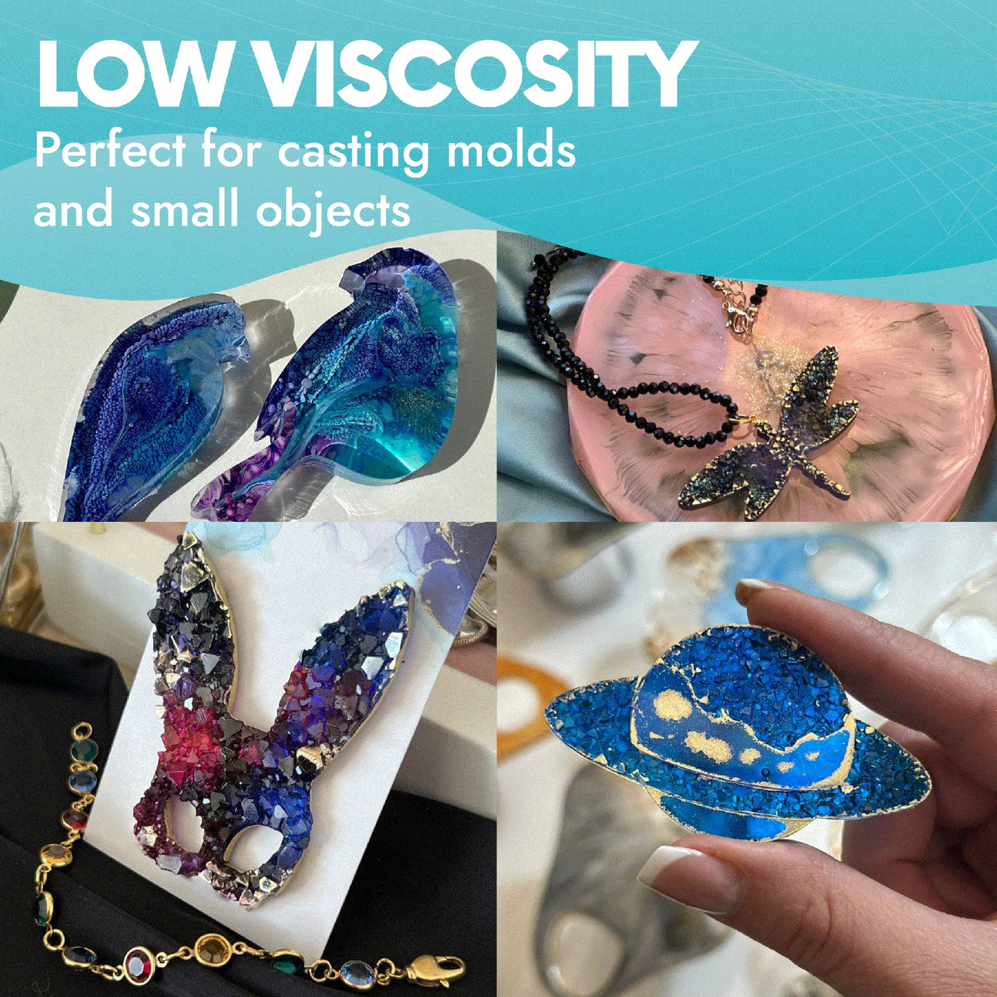 Low viscosity epoxy resin for casting molds and small objects like jewelry and coasters.