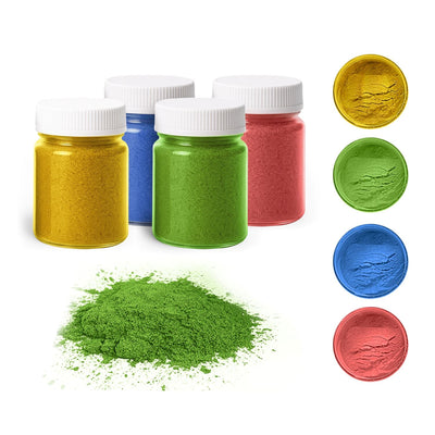Rainbow Metallic Pigment Powder Set with four colors in yellow, green, blue, and red, 20 g jars, for resin art projects.