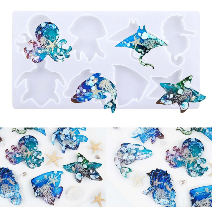 Silicone mold for ocean animal crafts, 25.7x13.4x0.8 cm, includes 8 marine shapes: turtle, dolphin, fish, octopus, jellyfish, starfish, seahorse, stingray.