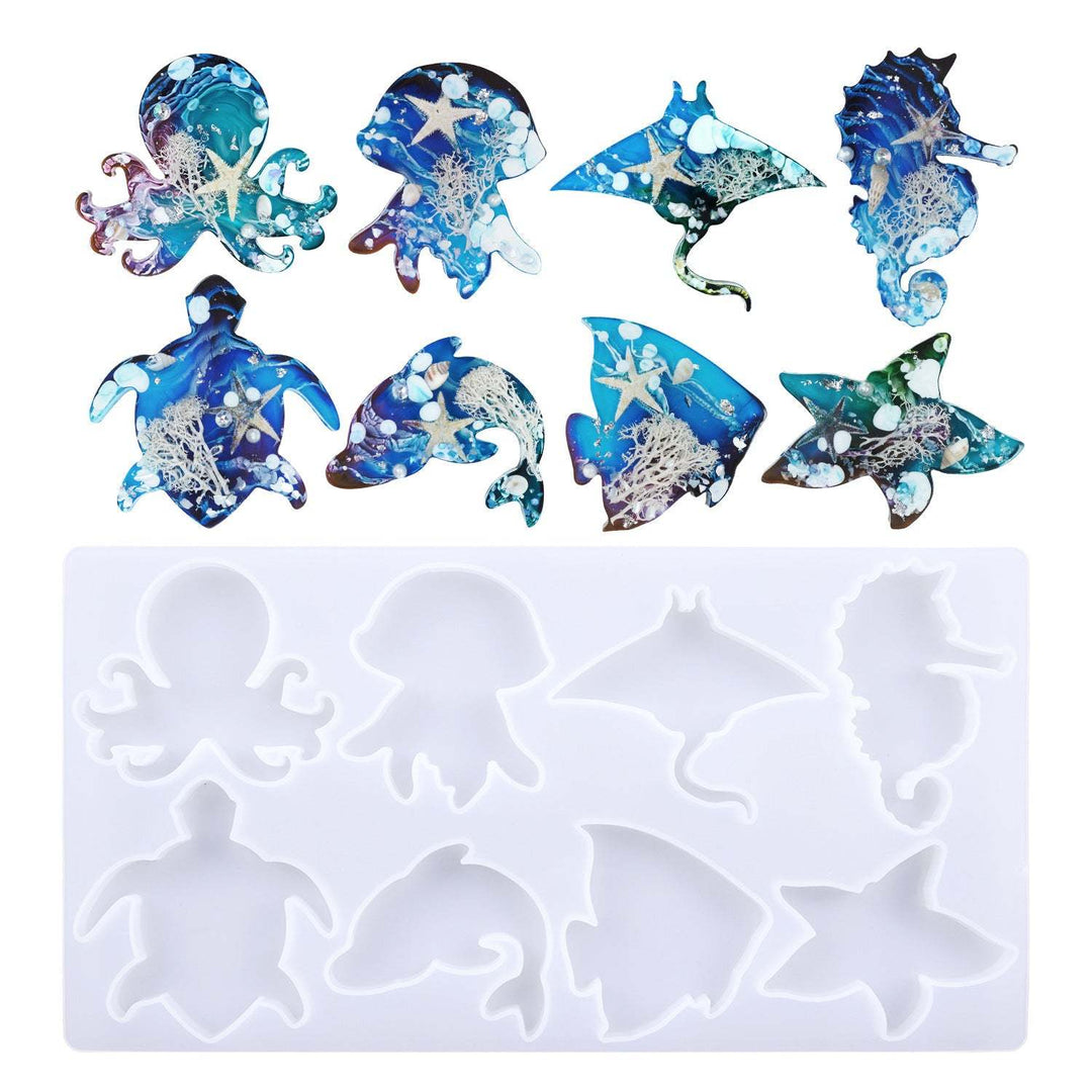 Molde de silicona para animales del océano, translúcido, 25.7x13.4x0.8 cm, incluye tortuga marina, delfín, pez, pulpo, medusa, estrella de mar, caballito de mar, raya.