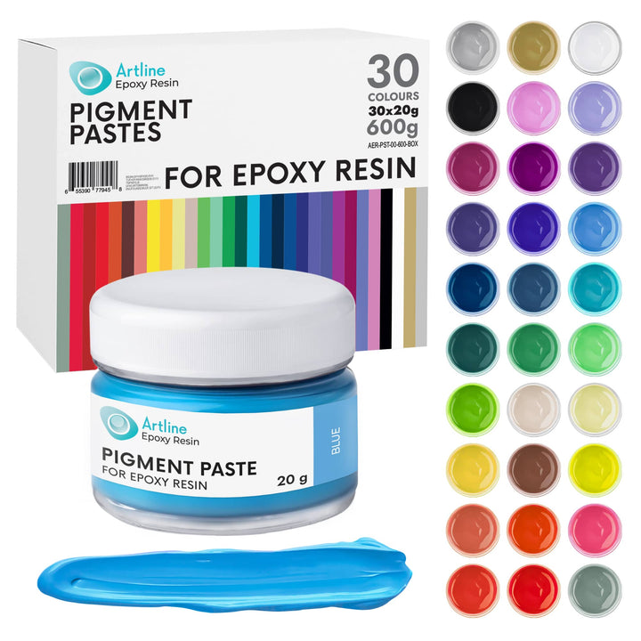 Opaque Pigment Pastes set with 30 vibrant colors in 20g jars for tinting epoxy resin including gold and silver options