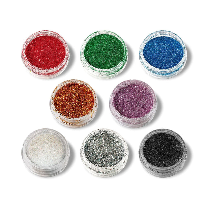 Set of 8 small jars of ultra-fine polyester glitter in vibrant colors for resin and craft projects