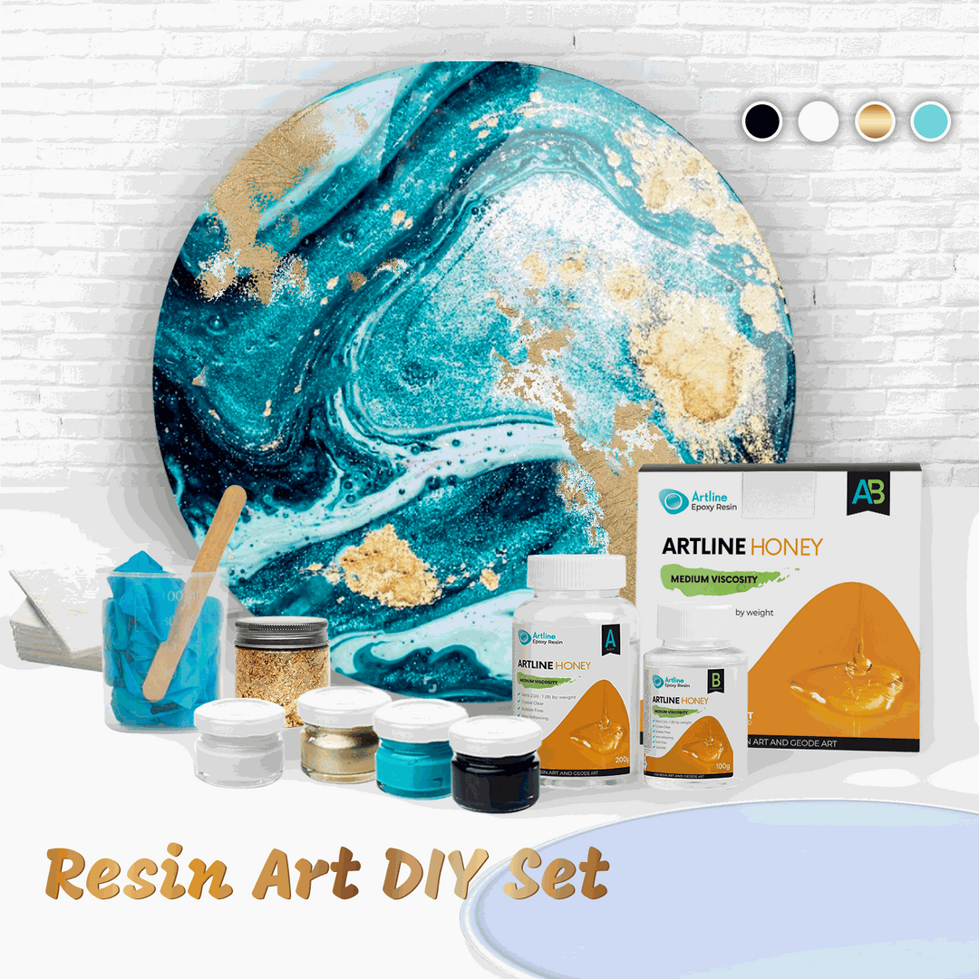 Epoxy Resin Art Kit with turquoise round tray, pigment pastes, gilding flakes, and honey epoxy resin for DIY resin art projects