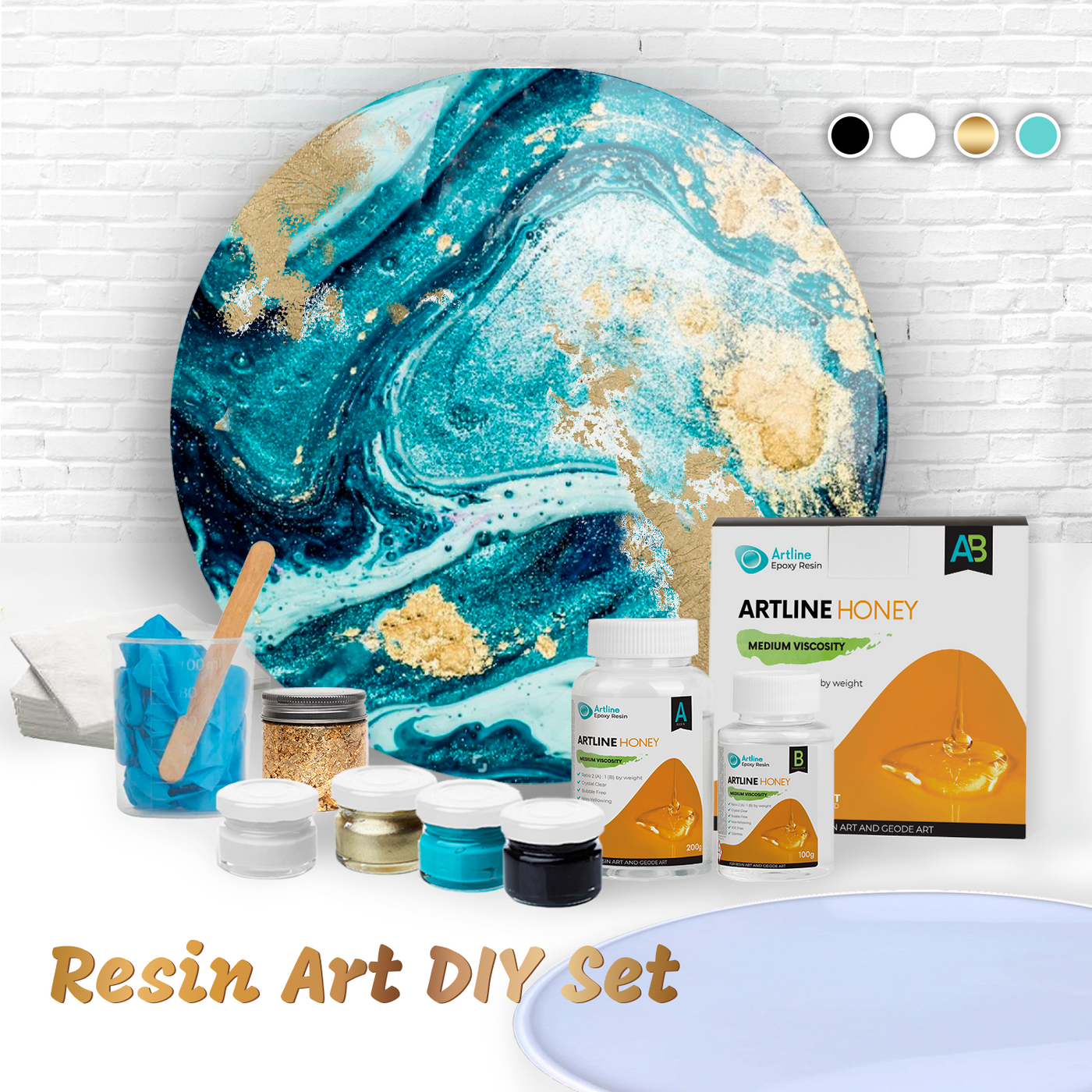 Epoxy resin art kit with large round mold, 40 cm, turquoise design, includes resin, silicone mold, pigment pastes, gilding flakes for crafting.