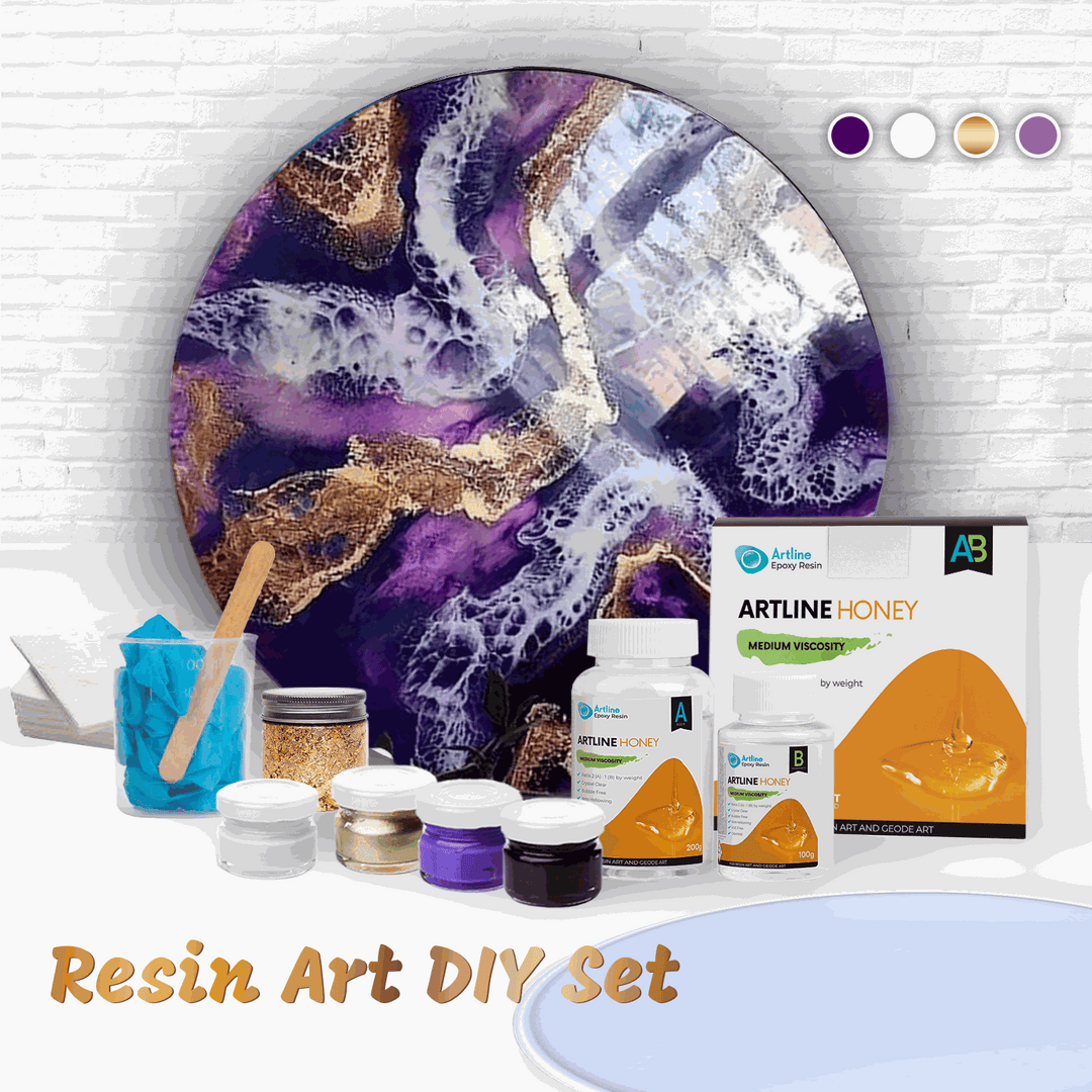 Kit de arte con resina epóxica con molde redondo grande, 40 cm, diseño violeta, incluye resina, molde de silicona, pastas de pigmento, escamas de dorado para manualidades.