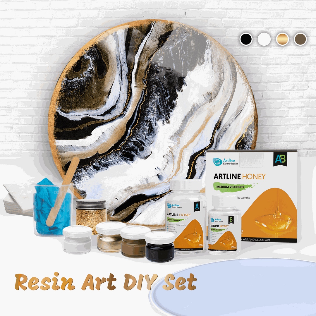 Epoxy Resin Art Kit with honey epoxy resin, pigment pastes, gilding flakes, and round silicone mold for resin crafts