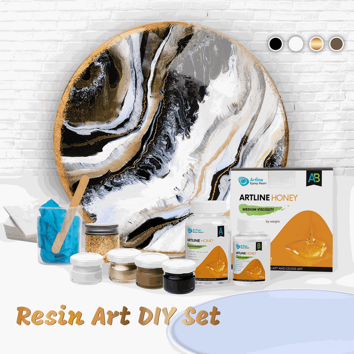 Epoxy Resin Art Kit with honey epoxy resin, pigment pastes, gilding flakes, and round silicone mold for resin crafts