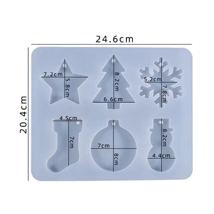 Silicone mold for Christmas ornaments, dimensions 20.4x24.6 cm, featuring shapes like star, tree, snowflake, stocking, ornament, and snowman.