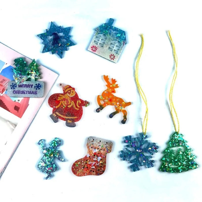 Molde de silicona para hacer 9 adornos navideños únicos, tamaño 8.5 cm, con varios diseños festivos.