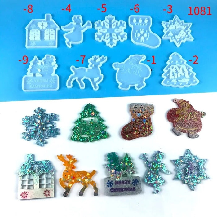 Silicone mold set for Christmas ornaments, 9 pieces, 8.5 cm, translucent.