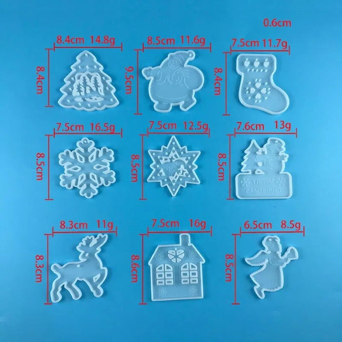 Silicone mold set for Christmas ornaments, 9 translucent pieces, 8.5 cm each.