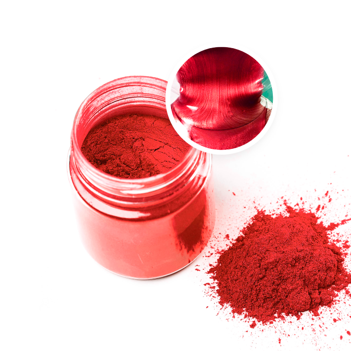 Metallic pigment powder in bright red, 20g jar for resin art and crafts.