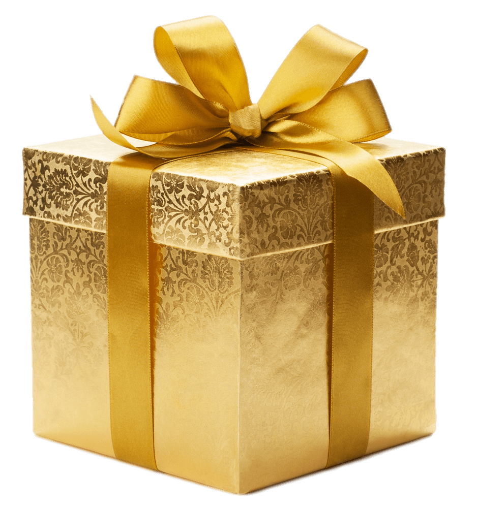 Elegant gold gift wrapping with intricate patterns and a satin ribbon bow