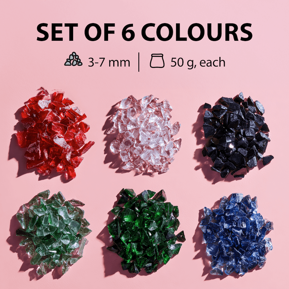 Set of six colorful glass chips for craft, sizes 3-7mm, 50g each, ideal for resin art and DIY projects.