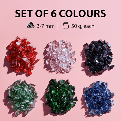 Set of six colorful glass chips for craft, sizes 3-7mm, 50g each, ideal for resin art and DIY projects.