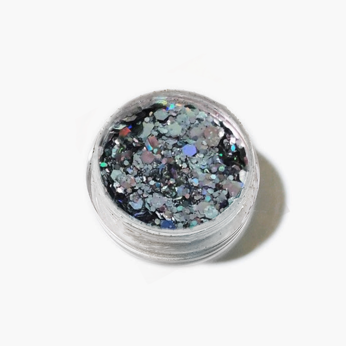 Holographic sequins silver in a small jar for epoxy resin art.