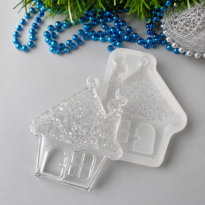 Semi-Crystal Christmas Cottage Ornament Silicone Mold, 8.5x7.5x0.5 cm
