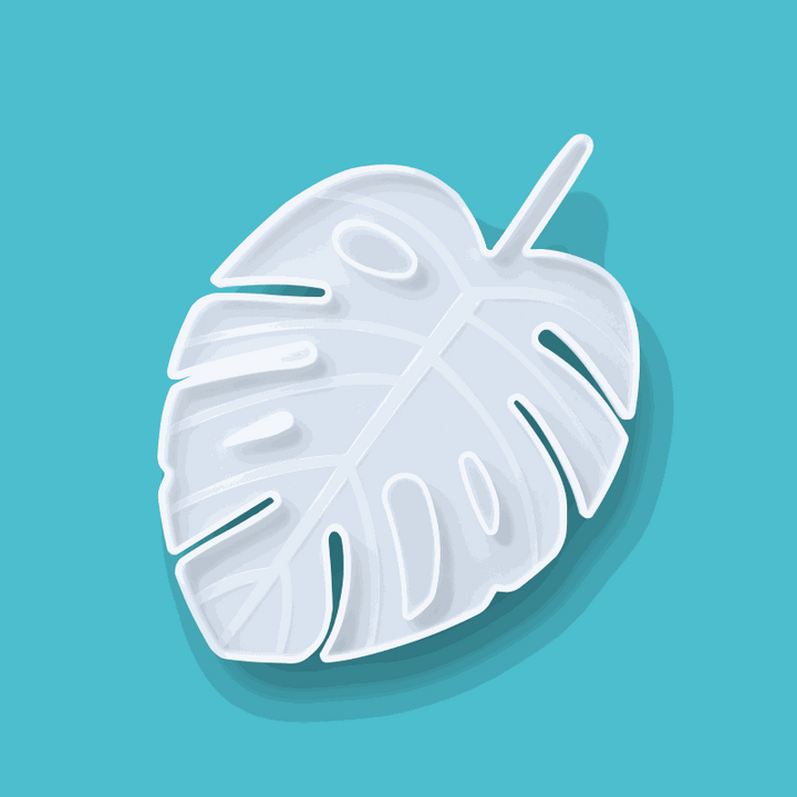 Translucent silicone mold shaped like a tropical palm leaf for resin crafting, measuring 17.5x24.5x1 cm