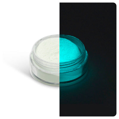 Turquoise luminophore powder in jar, glowing in the dark, ideal for resin art and creativity.