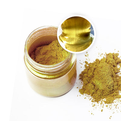 Metallic Pigment Powder Golden Yellow in open jar, 20 g for resin art.