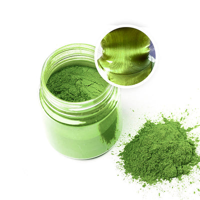 Metallic Pigment Powder Green Apple in 20g jar, perfect for resin art with rich color and shimmer finish.