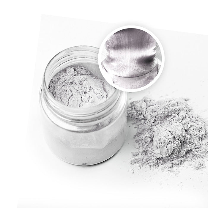 Metallic Pigment Powder White Pearl, 20 g in open jar with shimmering effect.