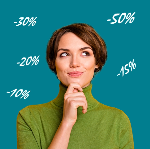 Femme souriante, songeuse, regardant vers le haut la main sur le menton, entourée de réductions de -10% à -50%, faisant la promotion des offres exclusives de résine époxy Artline